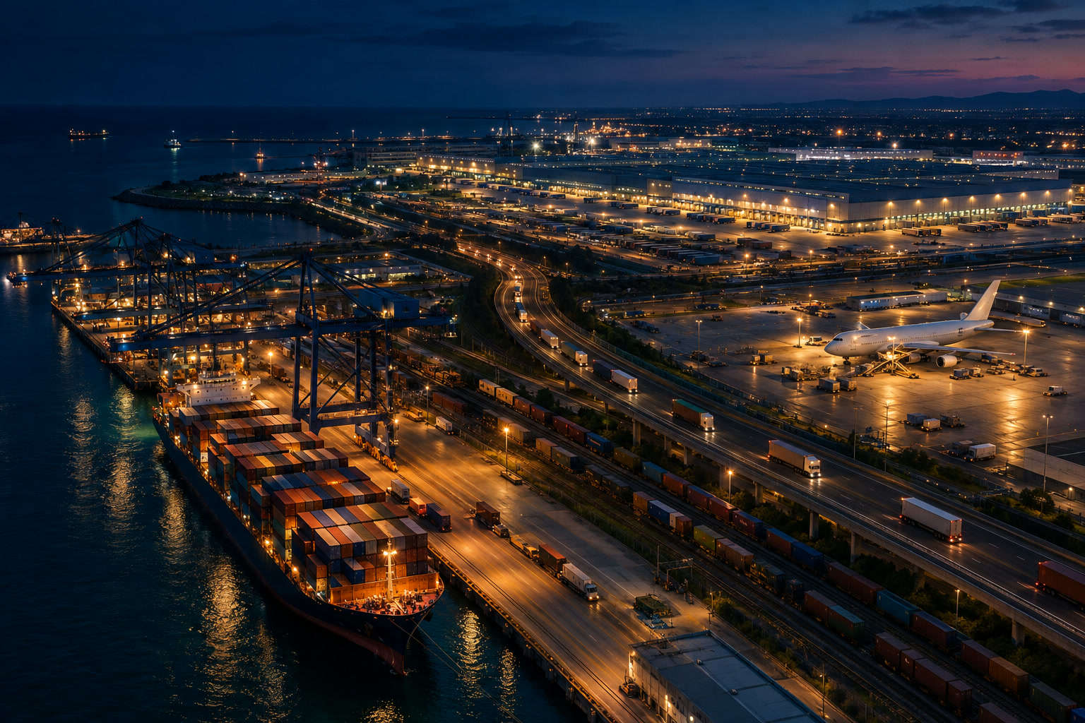 A coastal logistics hub at night where ship, aircraft, trucks and a distribution center meet